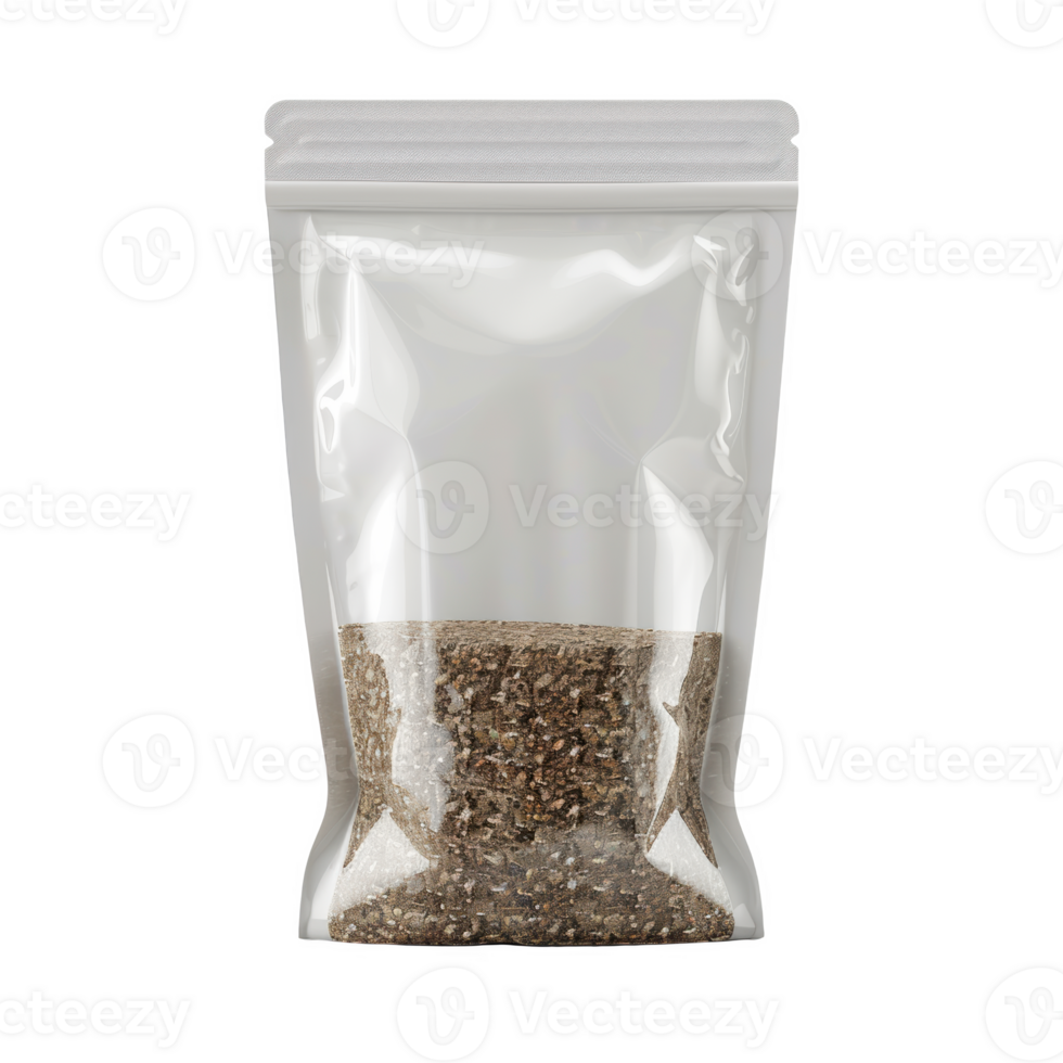 Moisture-controlling bag standing upright, filled with fine brown material png