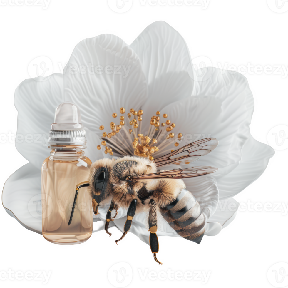 Frosted glass dropper bottle with honey bee and white flower in a serene setting png