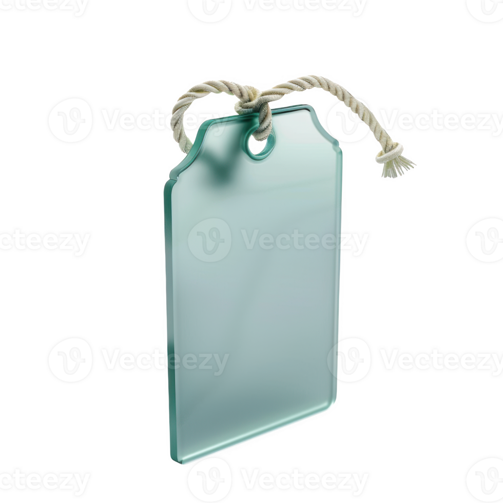 Frosted glass price tag hanging from a knot of rope on a white background png