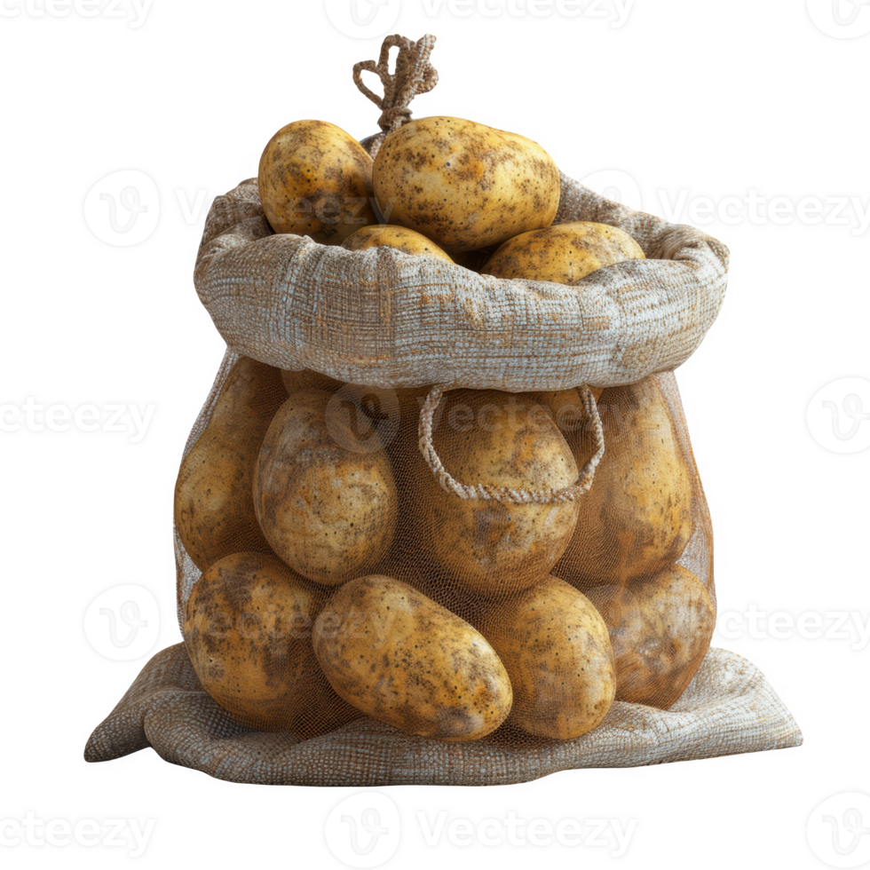 Sack of fresh potatoes standing on a white background ready for cooking or sale png
