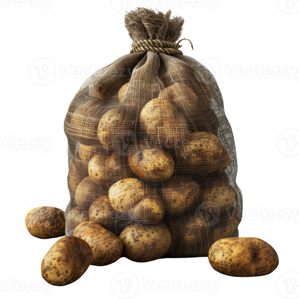 Sack of fresh potatoes standing upright with scattered ones around in a rustic setting png