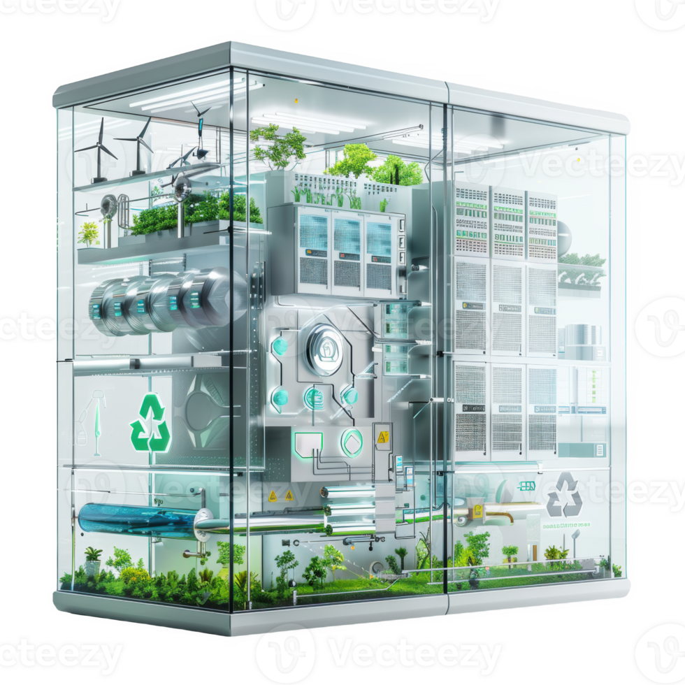 Innovative energy storage solution displayed in a frosted glass enclosure with greenery png