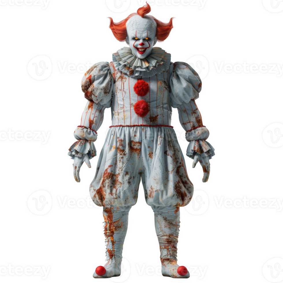A creepy clown standing with frost covering in a spooky, dimly lit setting png