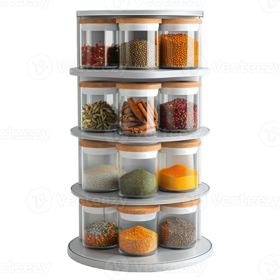Frosted glass spice rack with multiple transparent containers showcasing colorful spices png