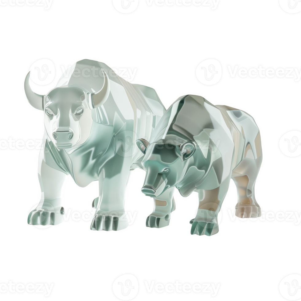Frosted glass bull and bear sculptures symbolizing market trends in a financial setting png