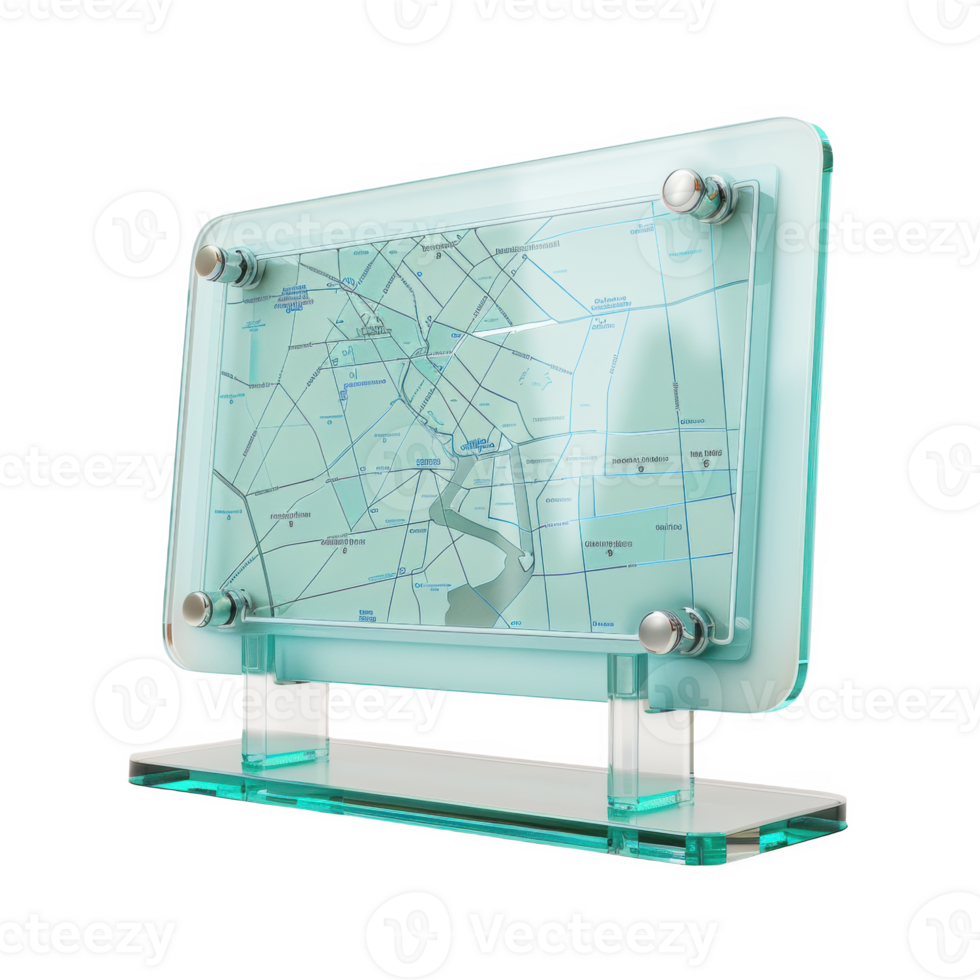 A modern frosted glass map display showcasing local streets in an urban setting png
