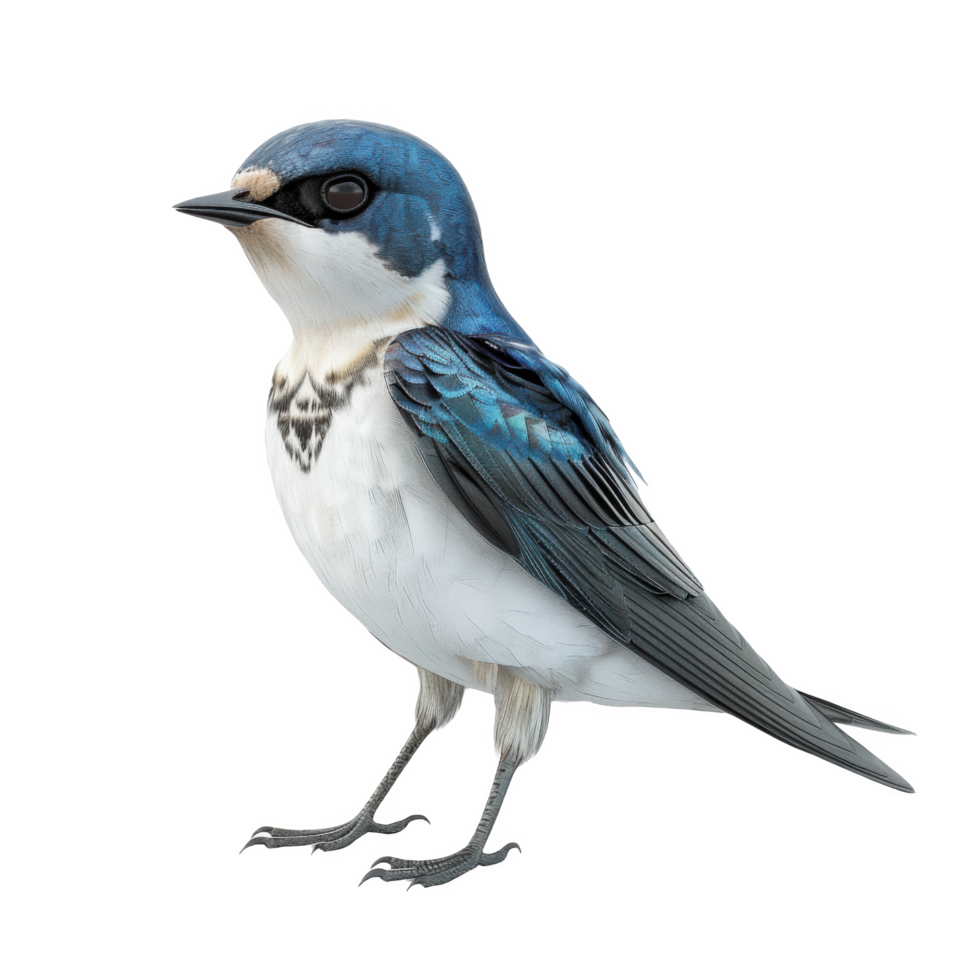 Standing frosted glass white acrylic bird with blue and white plumage under bright light png