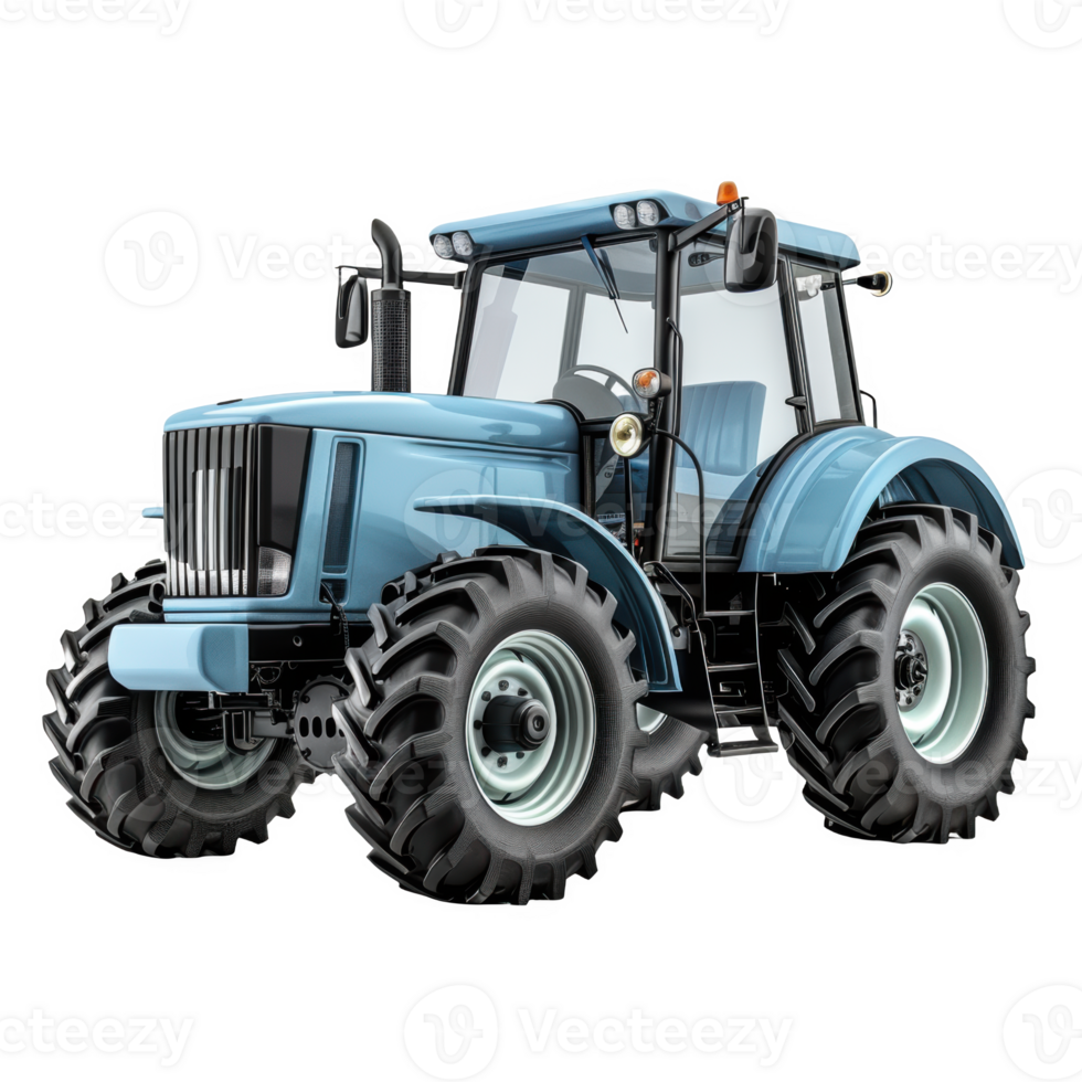 A blue tractor stands ready for work in a field at harvest time png