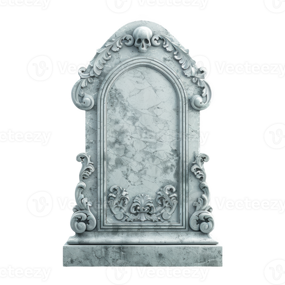 Frosted glass gravestone design with ornate details and a skull atop png