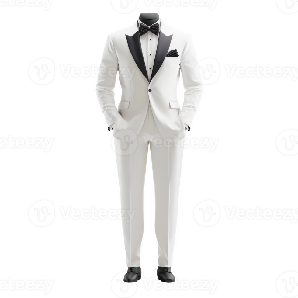 Classic sharp attire featuring a stylish white tuxedo for formal events png