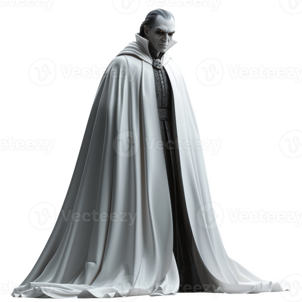 Mysterious figure in a long white cape with frost finish, standing confidently on display png