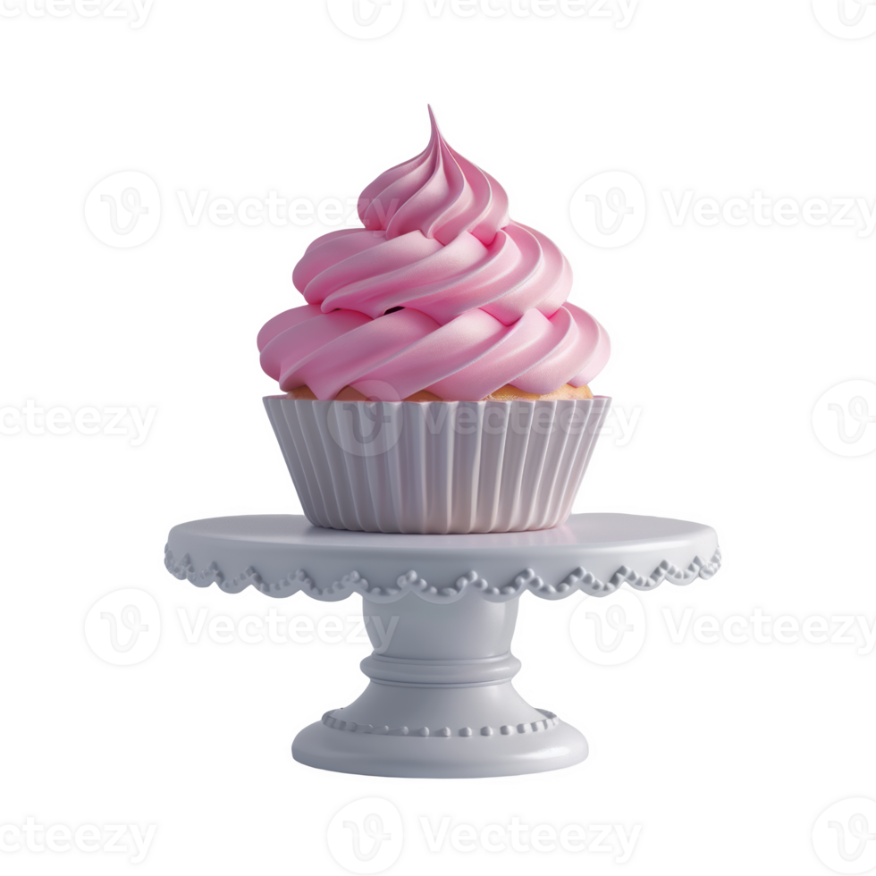 Delicious pink frosted cupcake served on a decorative white cake stand png