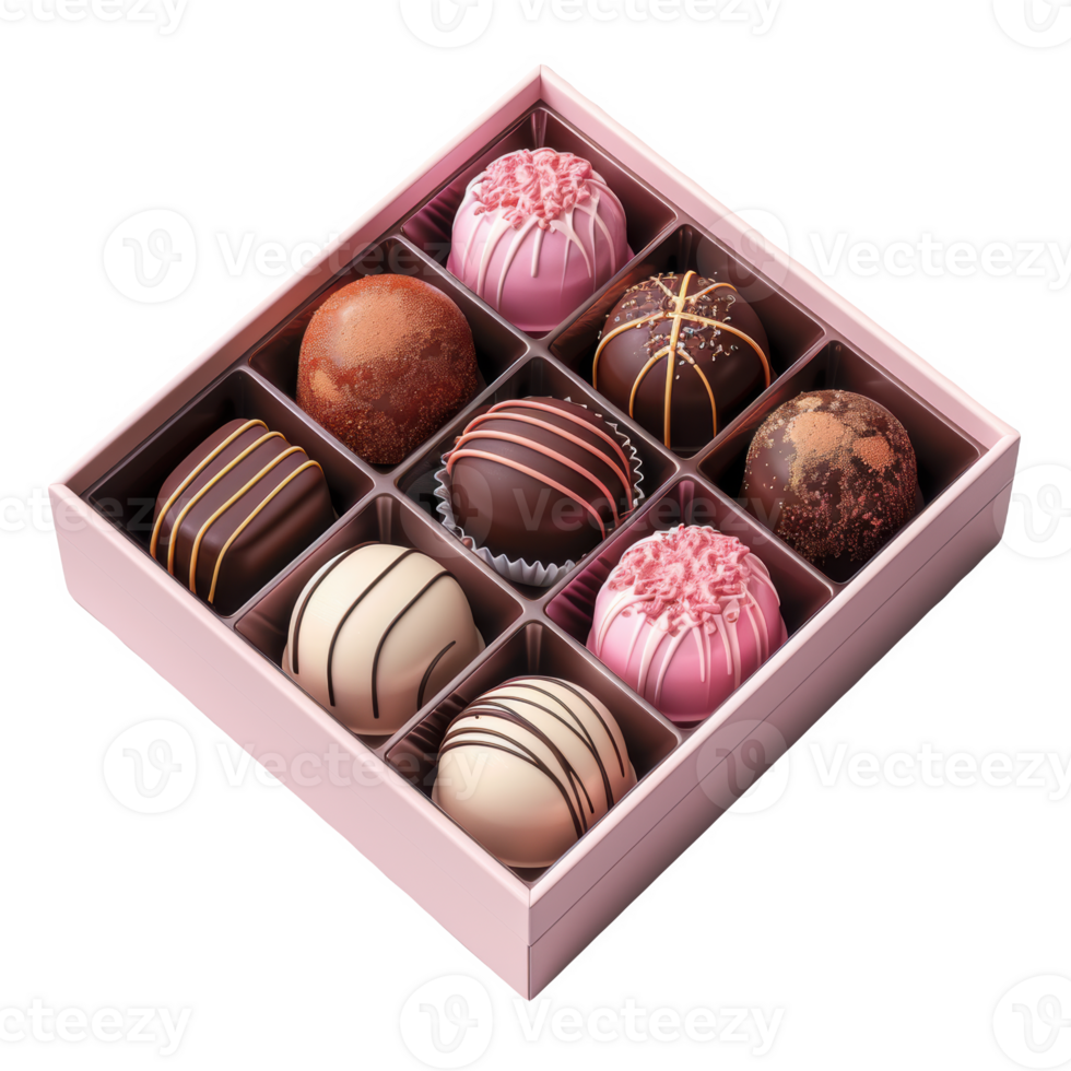 Delicious assortment of handcrafted chocolates in a decorative box on a white background png