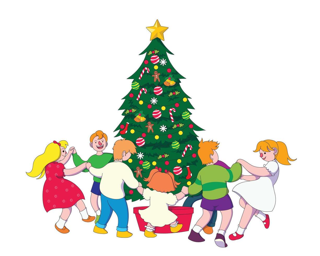 a drawing of children playing around a christmas tree with a star on it vector