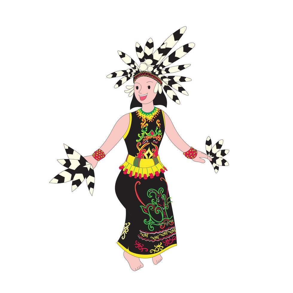 Illustration of traditional dance of Dayak Kalimantan, Indonesia. vector