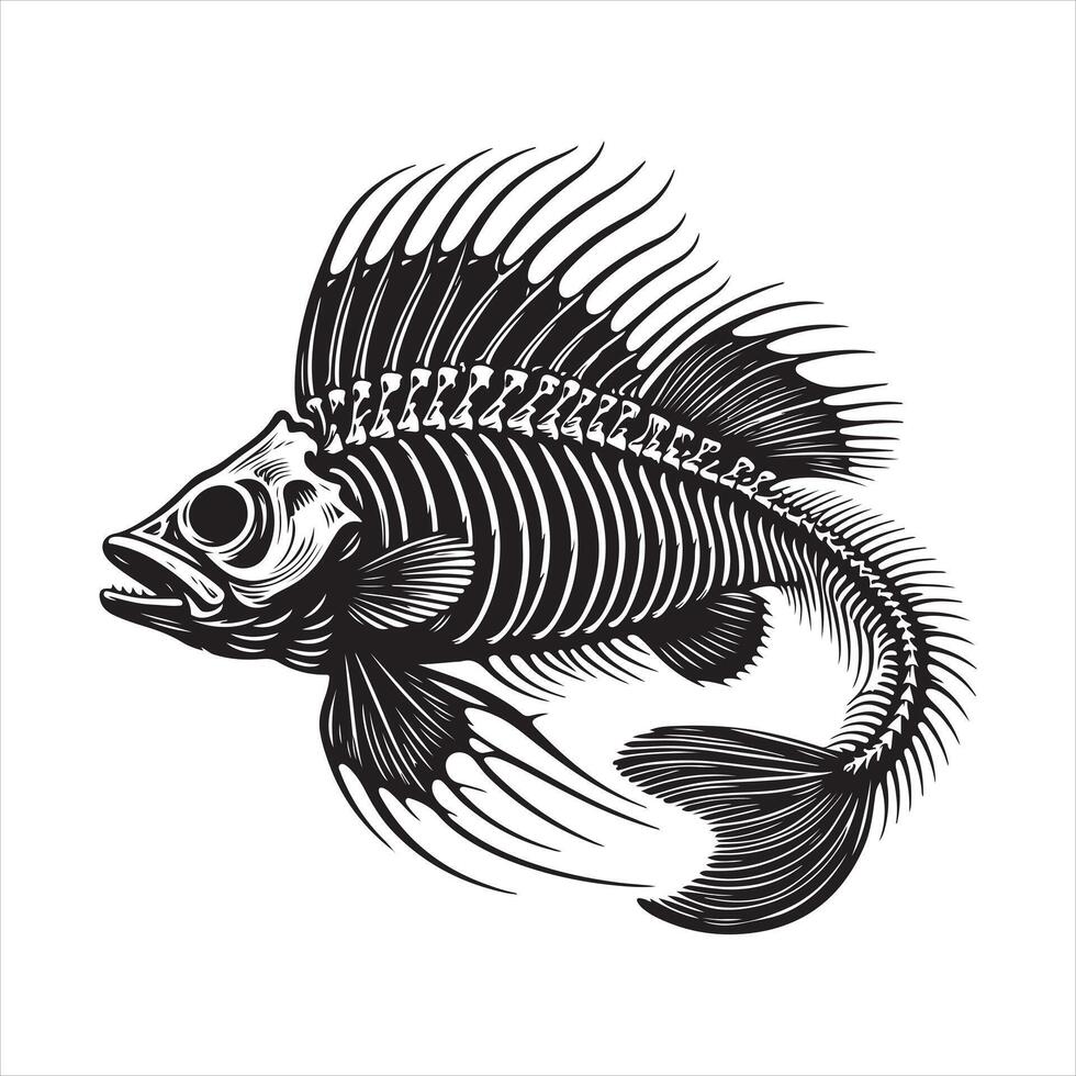 fish skeleton black silhouette white background vector