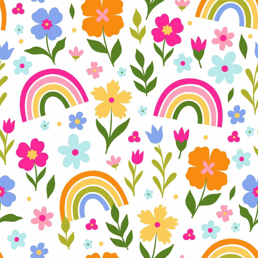 Seamless pattern with rainbows and flowers. graphics. vector