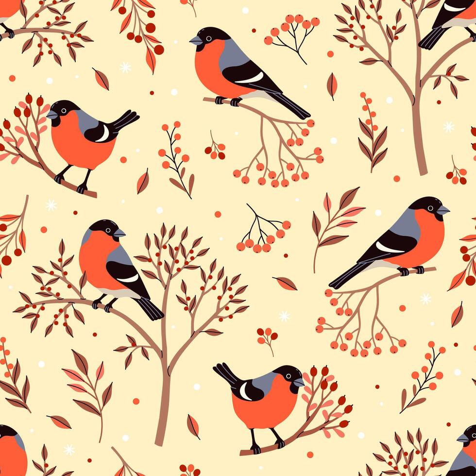Seamless pattern with bullfinches, twigs and berries. graphics. vector
