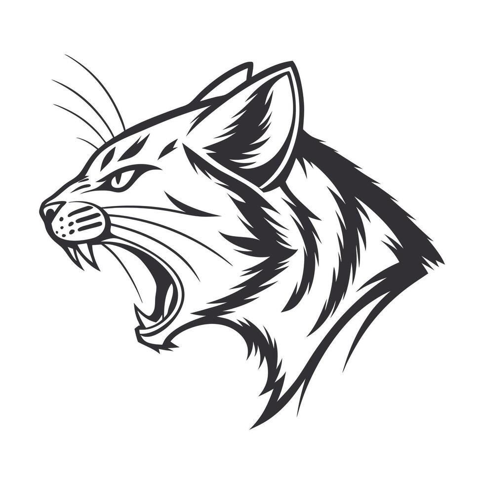 A black and white illustration of a cat's head vector