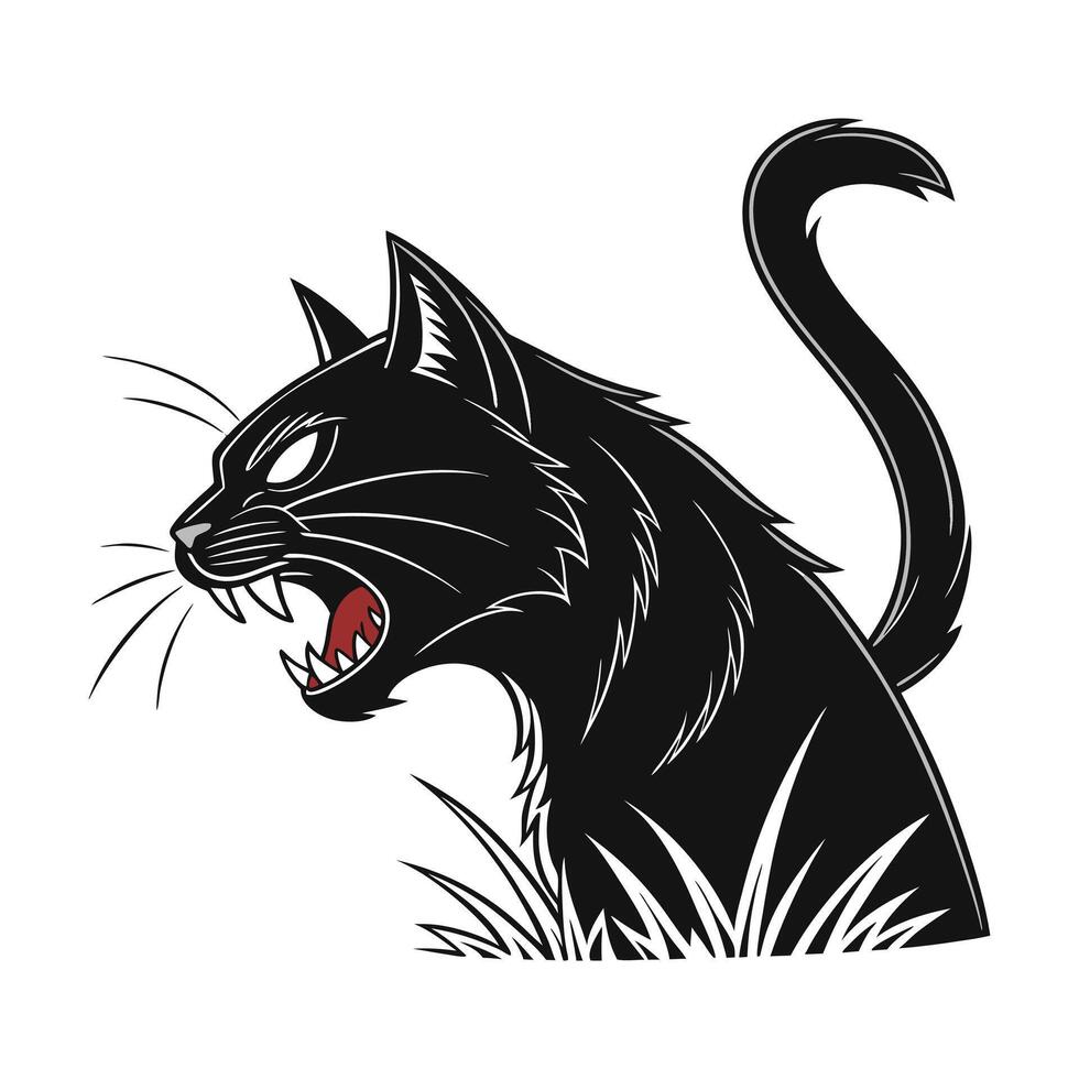 A black cat with its mouth open and its tail in the grass vector