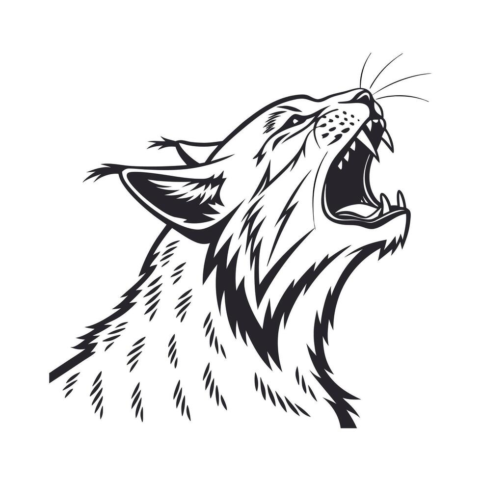 A black and white illustration of a lynx with its mouth open vector