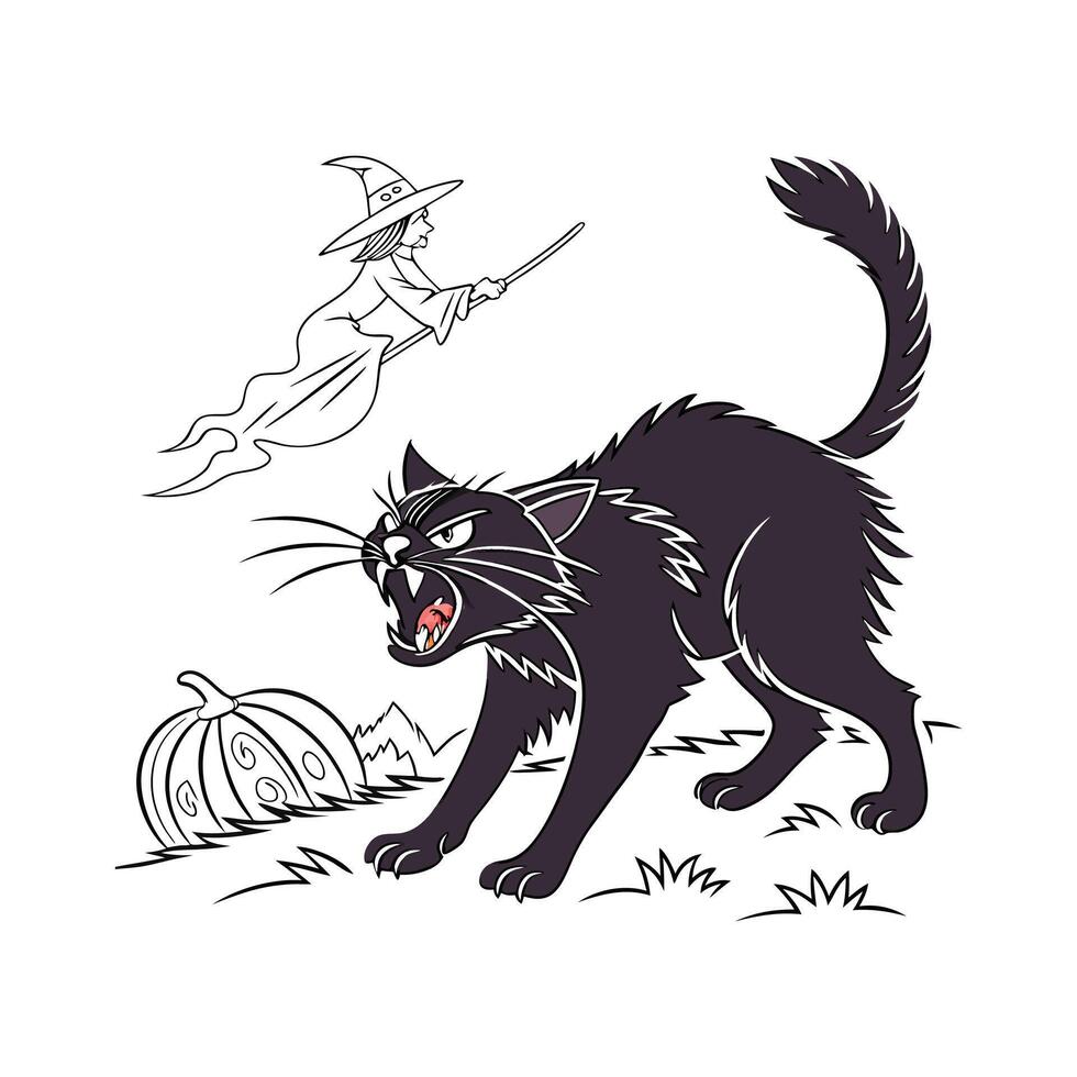 A black cat and witch are flying over a pumpkin vector
