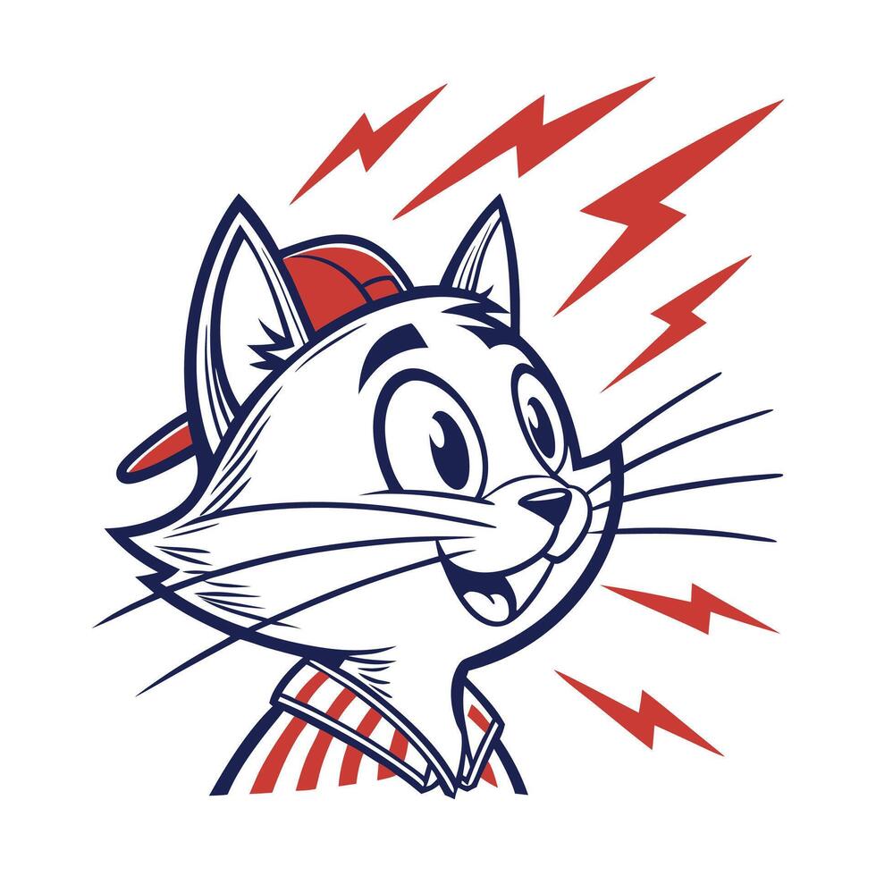 A cartoon cat wearing a baseball cap and holding a lightning bolt vector