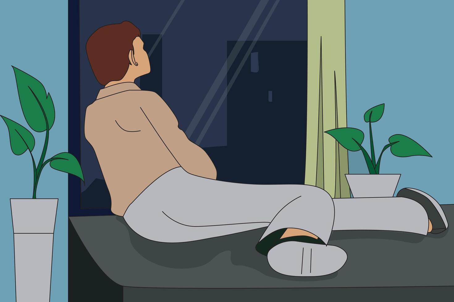 man sitting on couch, enjoy view of night outside through window vector