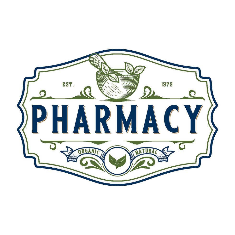 pharmacy vintage logo. illustration of herbal leaves of mortar and pestle for pharmacies, medicine and herbal shops. vector