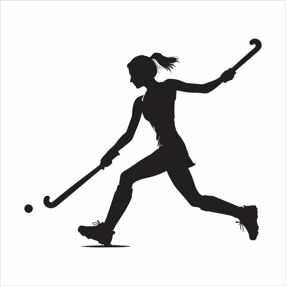 Girl Hockey Player Running In Fild Illustration Symbol Logo Icon Black And White Color vector
