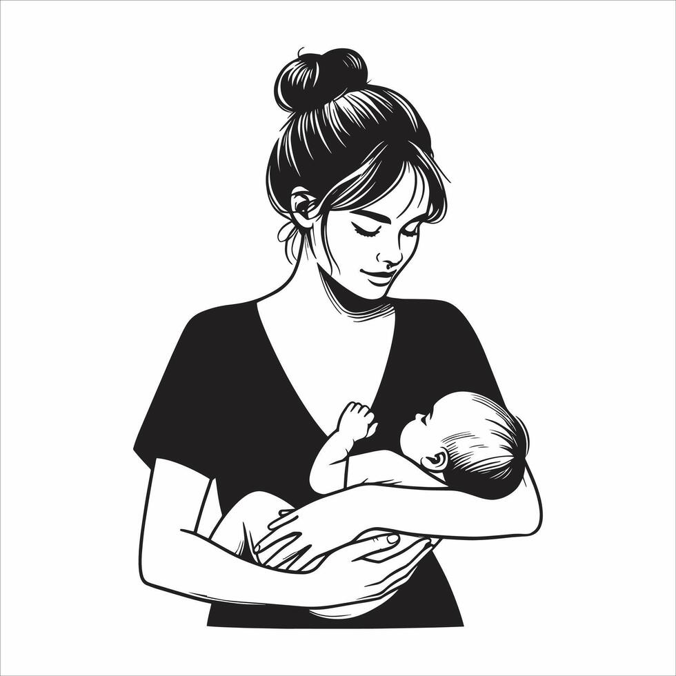 Happy Mother's Day Mother And Baby Line Drwaing Child Holding Illustration On White Background vector