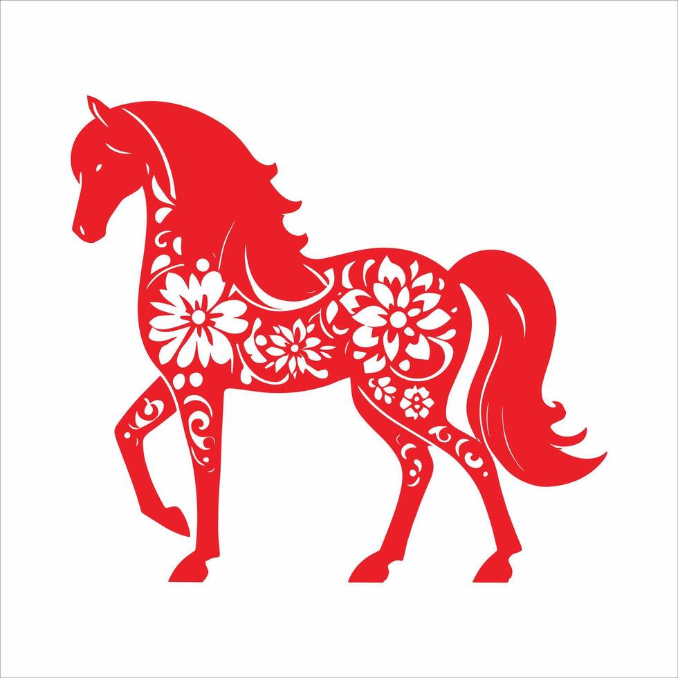 Red Horse With A Floral Pattern Symbol Of New Year 2026, Happy Chinese New Year Chinese Zodiac Sign Animal vector