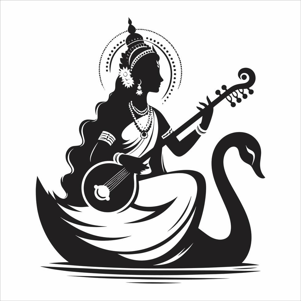 Happy Vasant Panchami puja of India Saraswati Puja poster banner flyer Symbol Logo Black And White Illustration vector