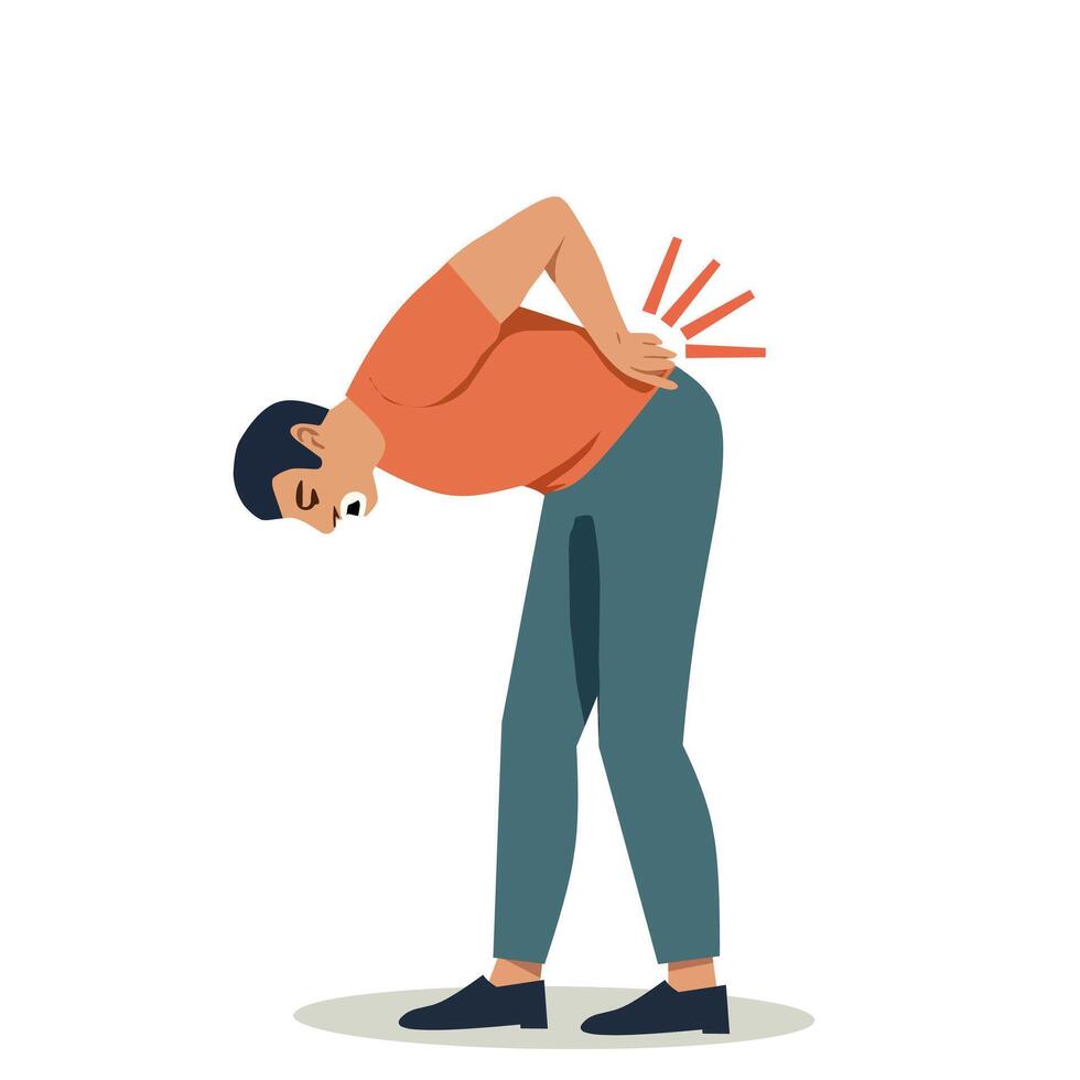Illustration of a man bending over with a painful expression, holding his lower back, indicating back pain or discomfort. Concept of back injury, muscle strain, or lower back pain. Health and wellness vector