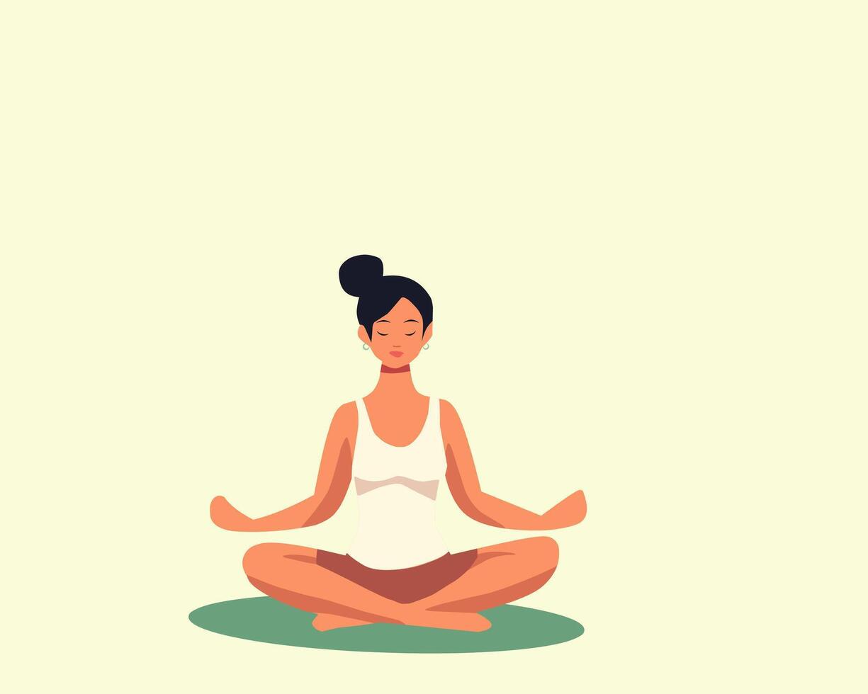 Illustration of a woman meditating in a comfortable cross-legged position on a mat, radiating calmness and focus. Perfect for concepts of mindfulness, meditation, relaxation, and self-care vector