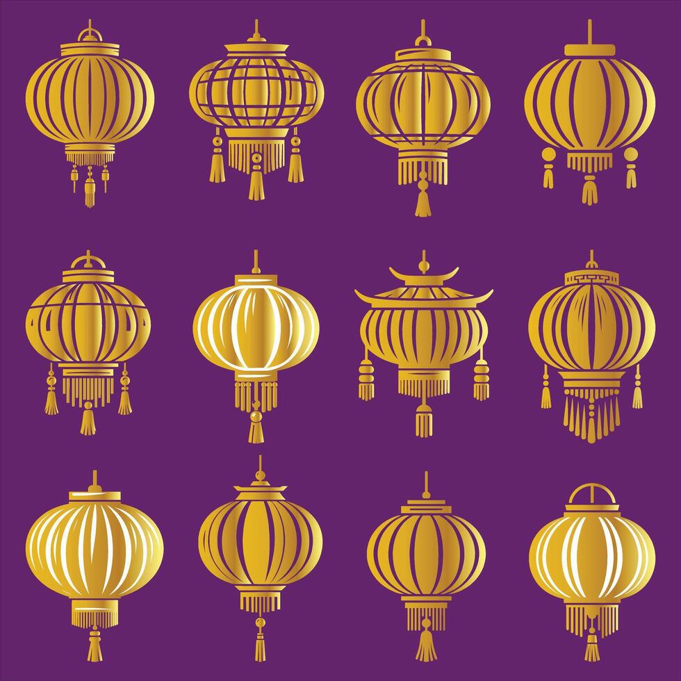 Chinese New Year Or Lunar New Year Decoration Hanging Chinese Lanterns Collection Golden Color Line Art vector