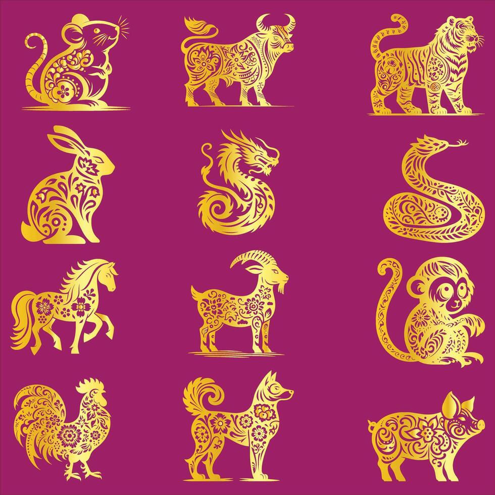 12 Year Cycle Animals Symbol Chinese Zodiac Sign. Twelve Asian New Year Golden Color Set Isolated vector