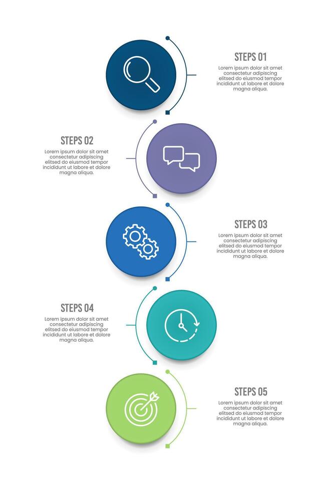 5 Steps circle and curve vertical infographic design for your business data. Presentation, Timeline, Workflow, Marketing and Strategy. vector