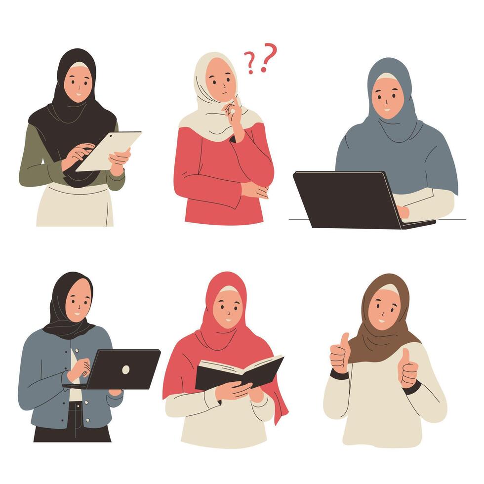 set of muslim girl activities wearing hijab vector