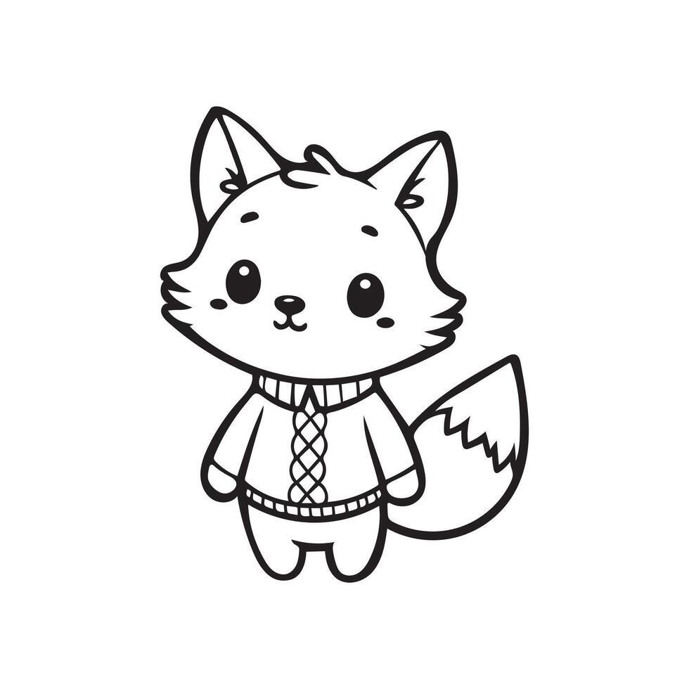 A cute fox wearing sweater, in black and white. Kawaii fox art. vector