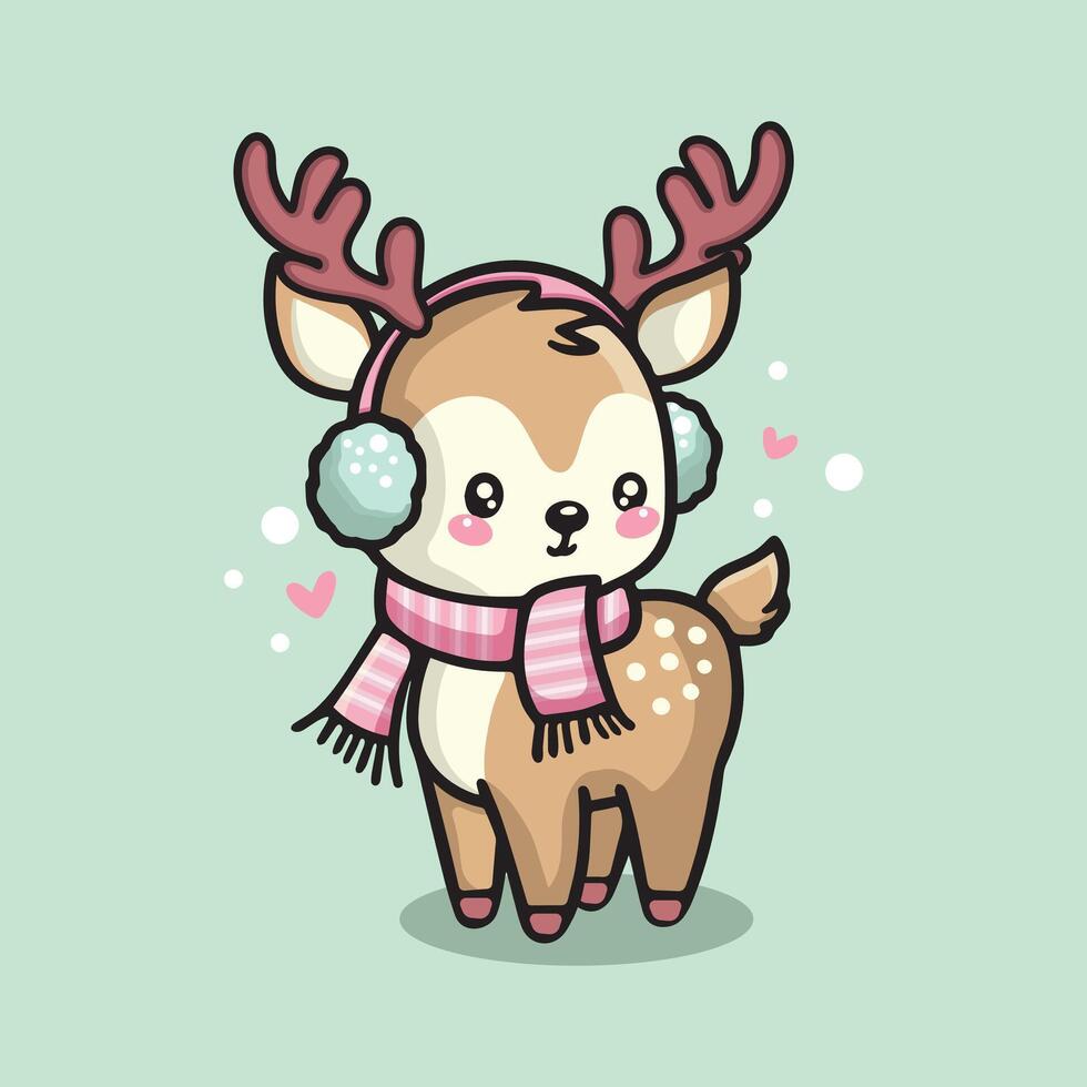 a cute little reindeer wearing a scarf and earmuffs. Kawaii reindeer. vector