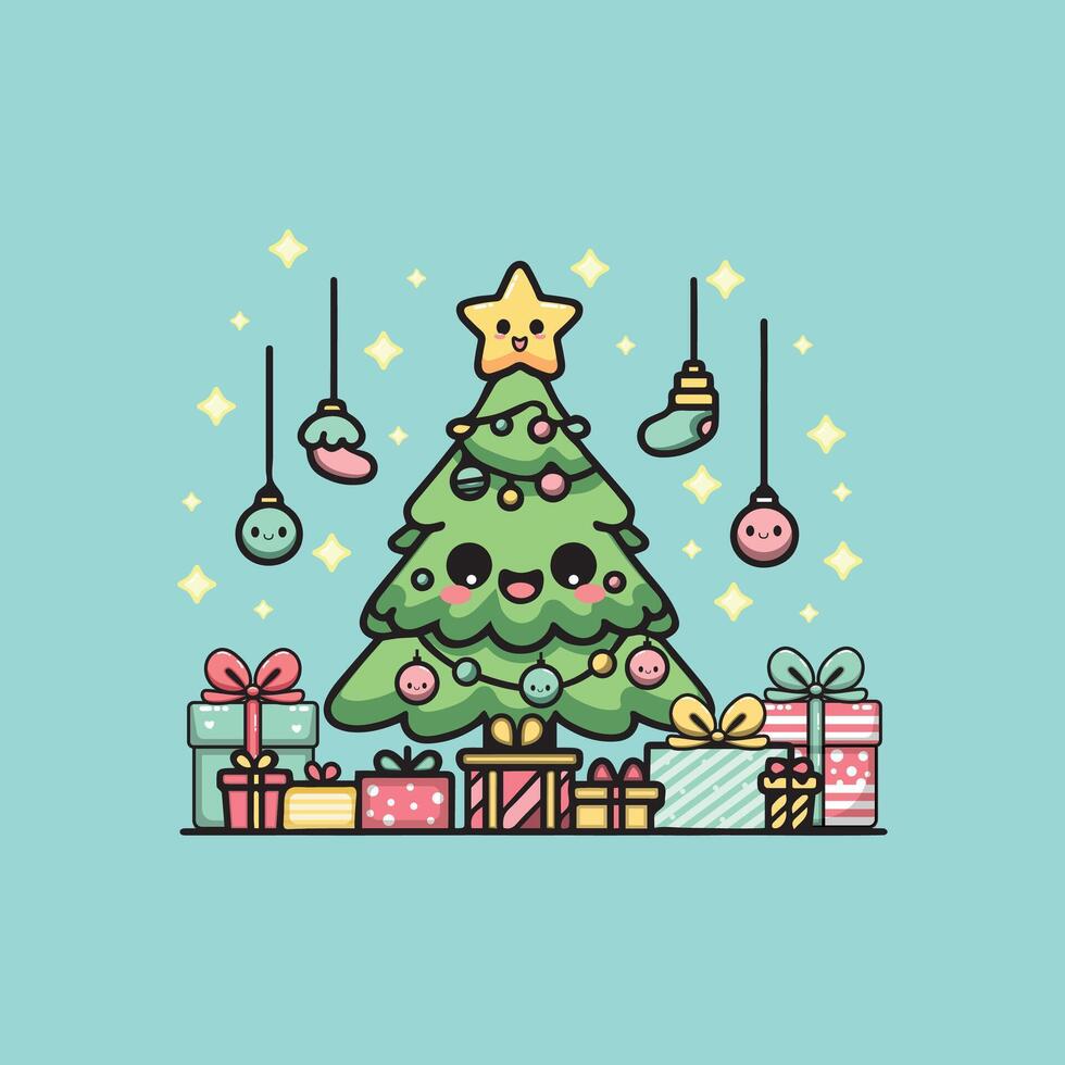 Cute Christmas tree decoration. Christmas tree surrounded by presents and stars. vector