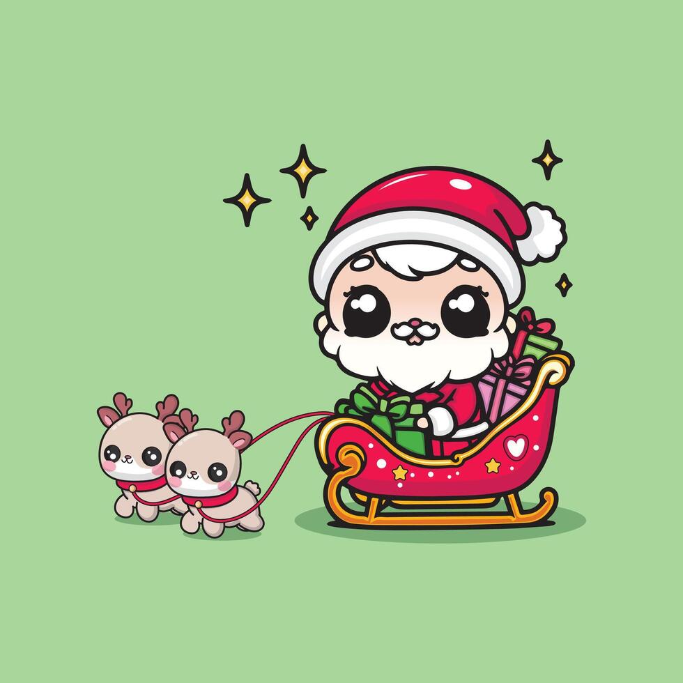 Cute Santa Claus delivering gifts in a tiny sleigh being pulled by cute reindeers. vector