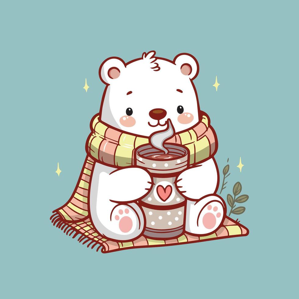Cute polar bear sipping hot chocolate from a large mug in a winter morning. Kawaii polar bear. vector