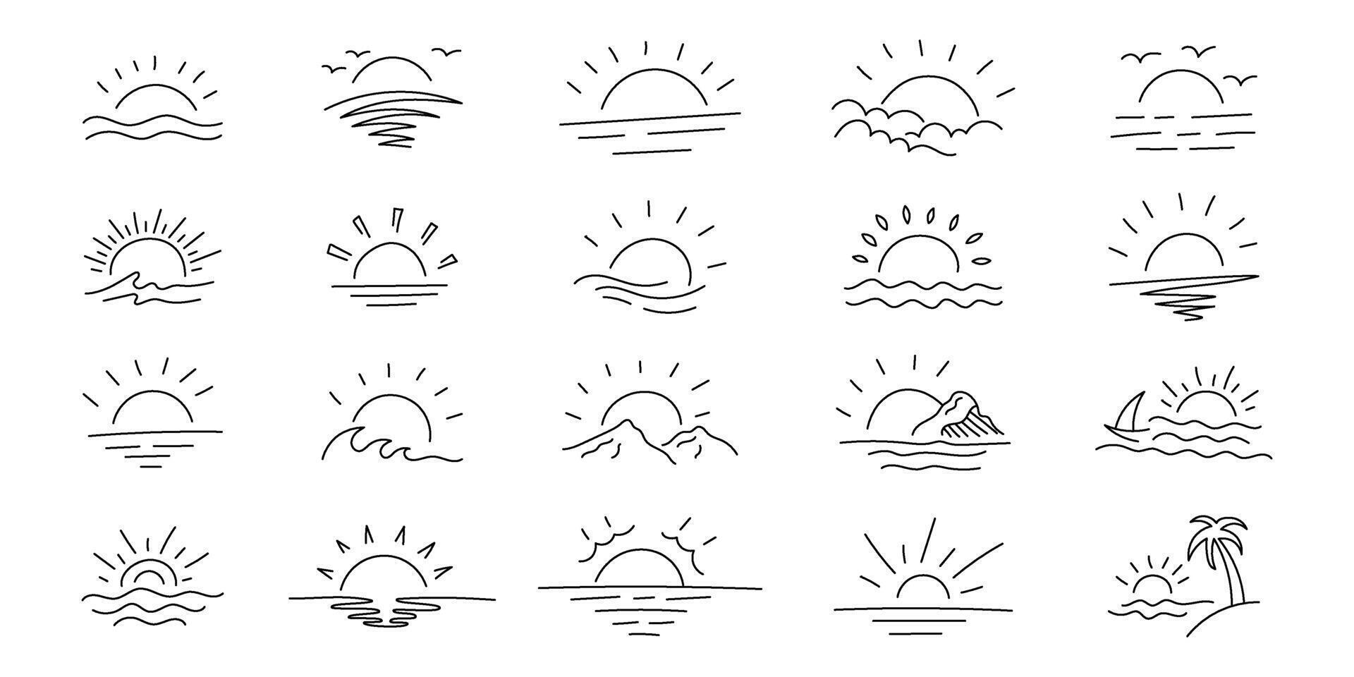 Collection of Minimalist Sun and Sunset Illustrations with Editable Stroke vector