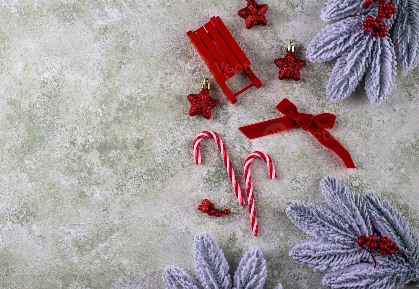 Festive Christmas background with fir tree and decoration photo