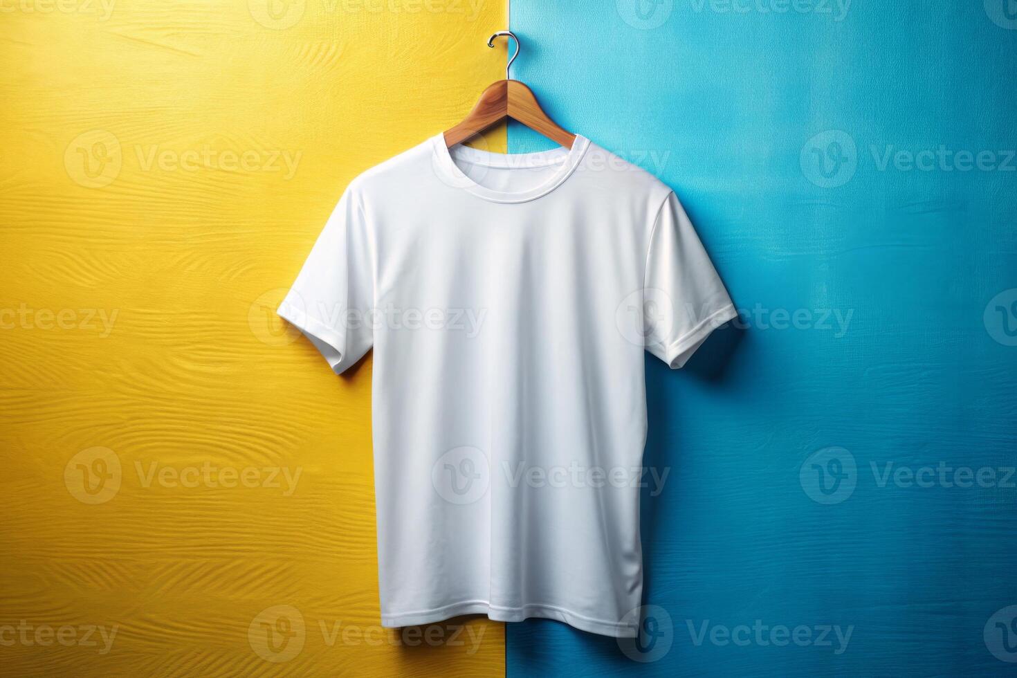 White t - shirt hanging on a blue and yellow wall photo