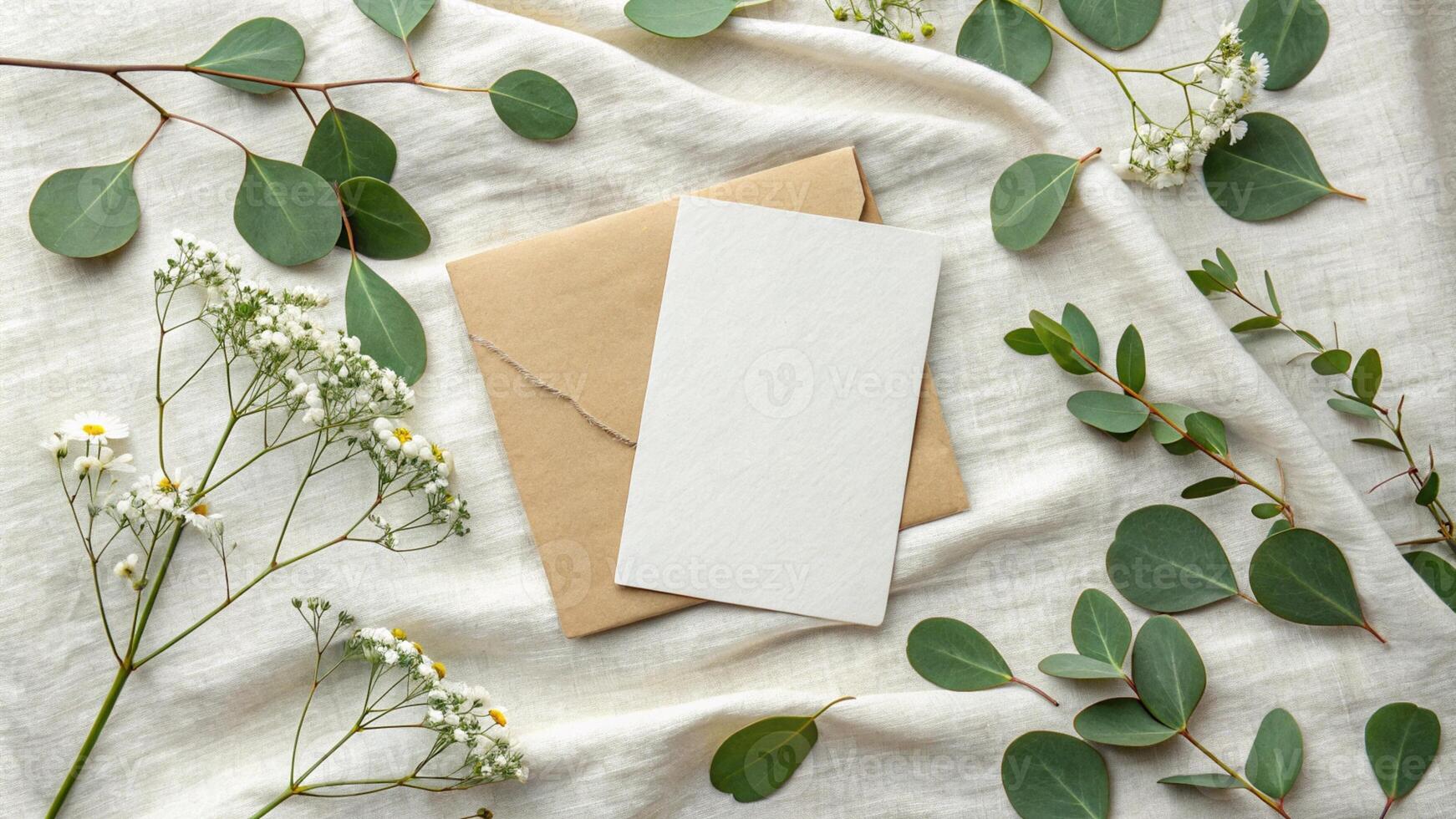 Blank card with eucalyptus leaves and flowers on linen background photo