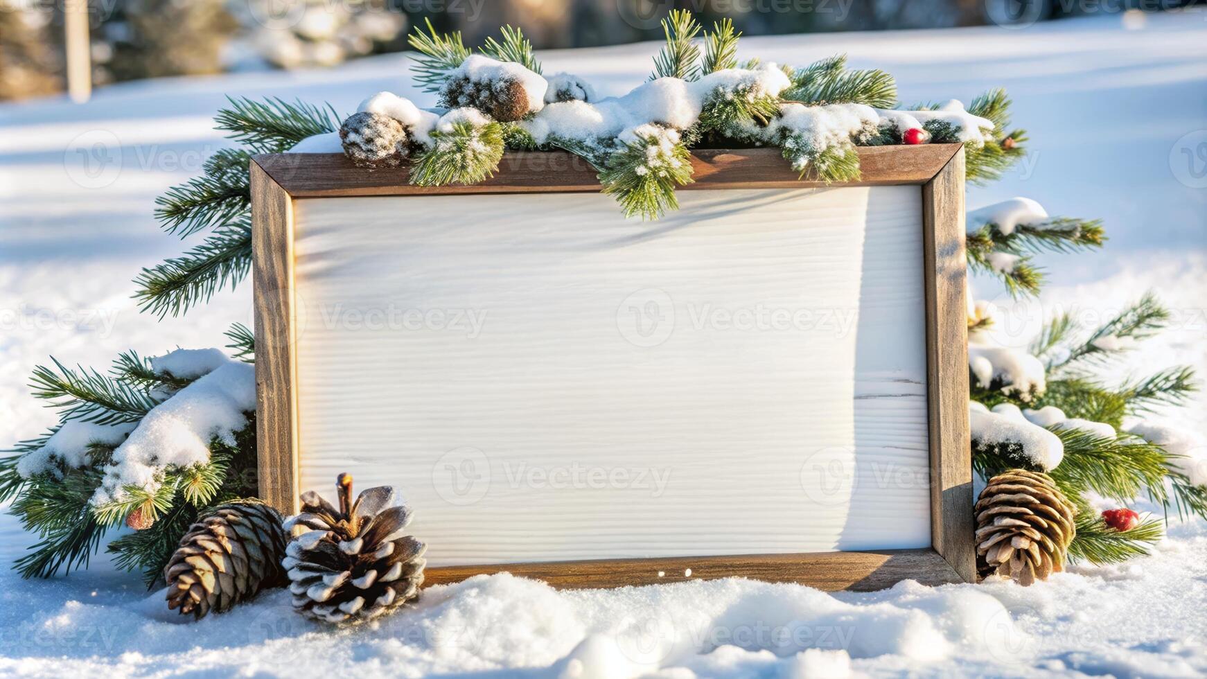 Wooden sign frame with pine cones and snow in the winter park photo