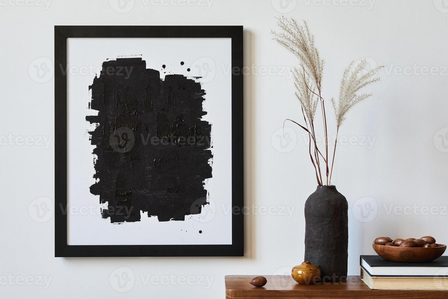 Elegant minimalist interior design with mock up poster frame, wooden commode and stylish accessories. Copy space. Template. photo